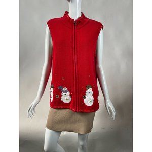 Christopher & Banks Snowman Zip Sweater Vest  XL Red  Snowman Cotton Ramie Blend